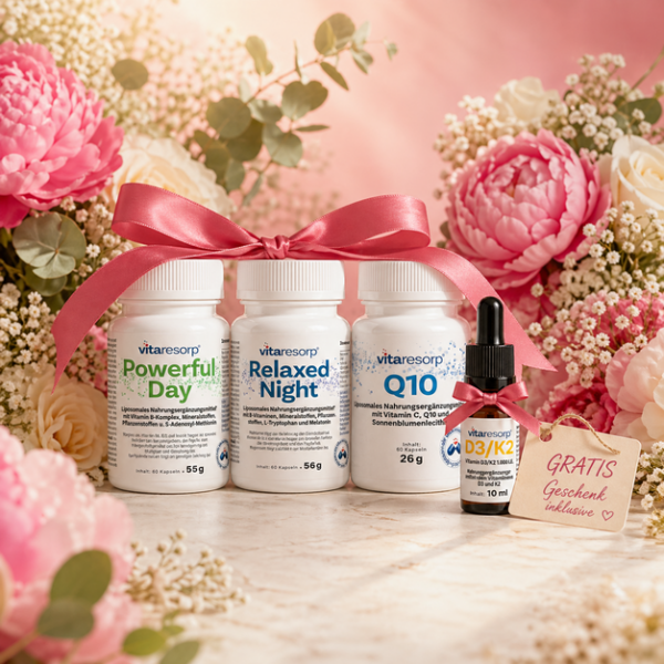 Muttertags-Bundle „Für Mama mit Sorgfalt" – Powerful Day, Relaxed  Night, Q10 + Vitamin D3/K2 gratis